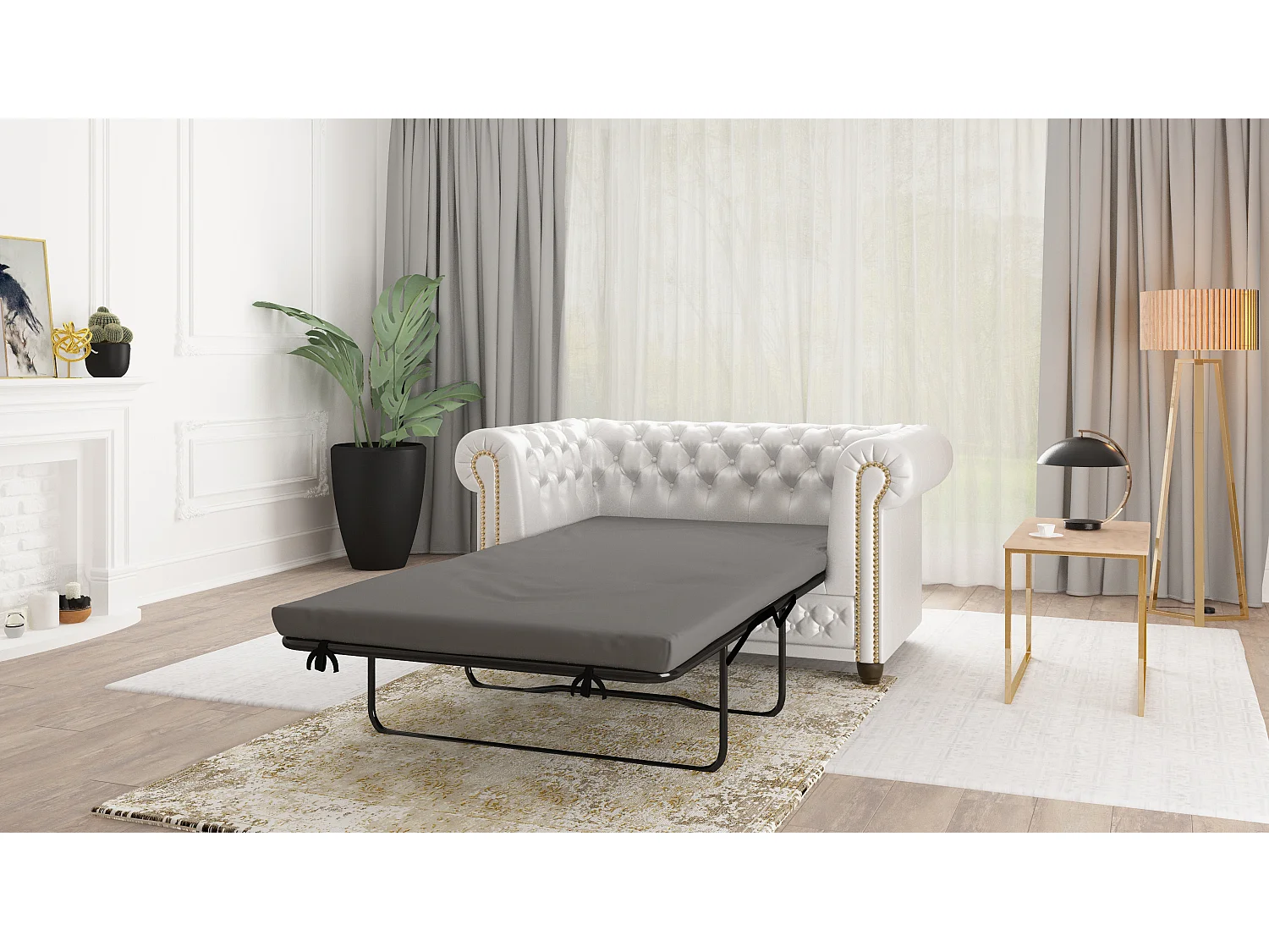 Chesterfield Polstergarnitur 3+2+1 mit Schlaffunktion aus veganem Leder mit Holzbeinen - Rex