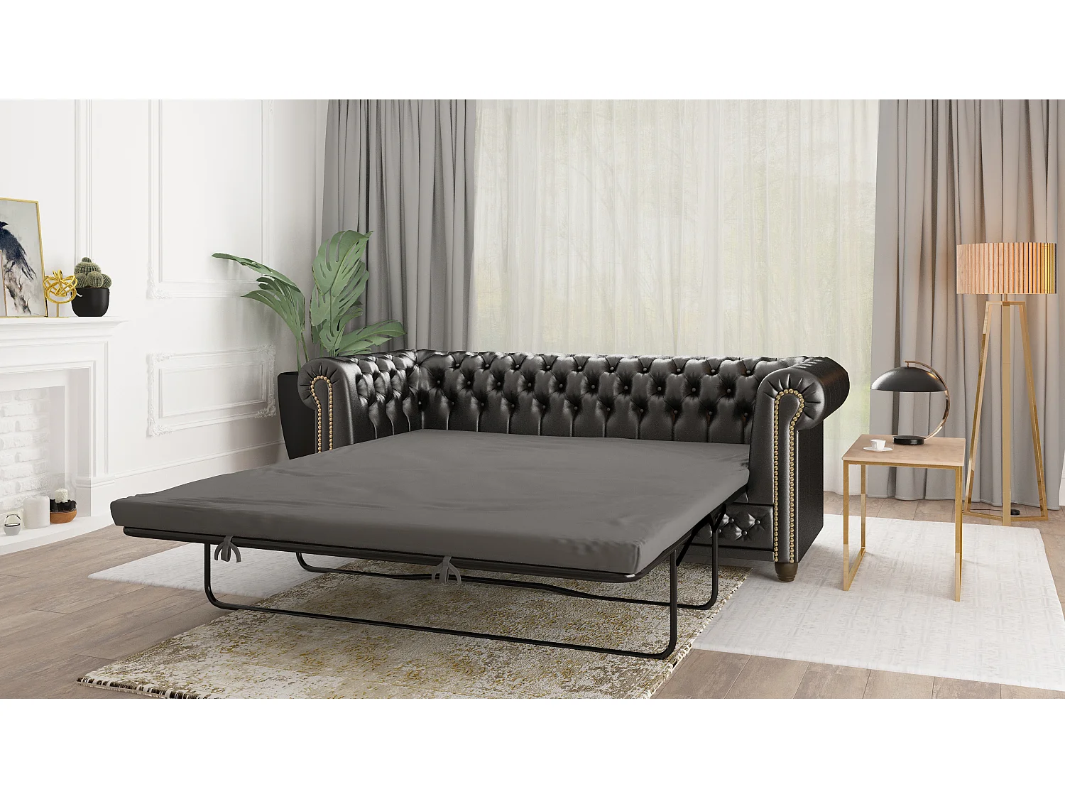 Chesterfield Polstergarnitur 3+2+1 mit Schlaffunktion aus veganem Leder mit Holzbeinen - Rex