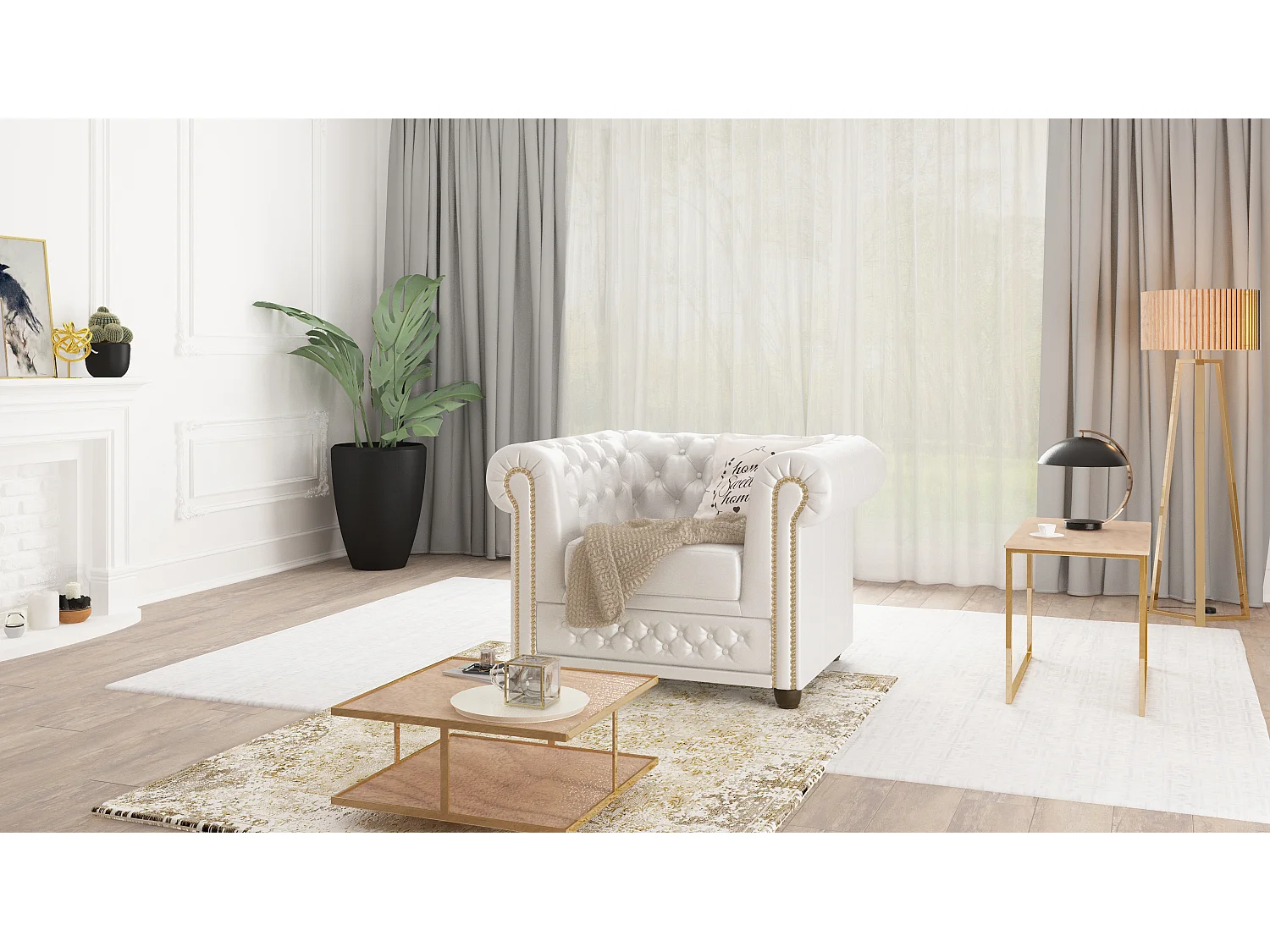 Chesterfield Polstergarnitur 3+2+1 mit Schlaffunktion aus veganem Leder mit Holzbeinen - Rex