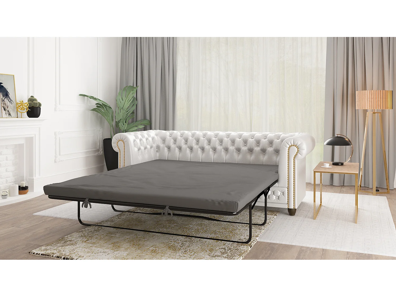 Chesterfield Polstergarnitur 3+2+1 mit Schlaffunktion aus veganem Leder mit Holzbeinen - Rex