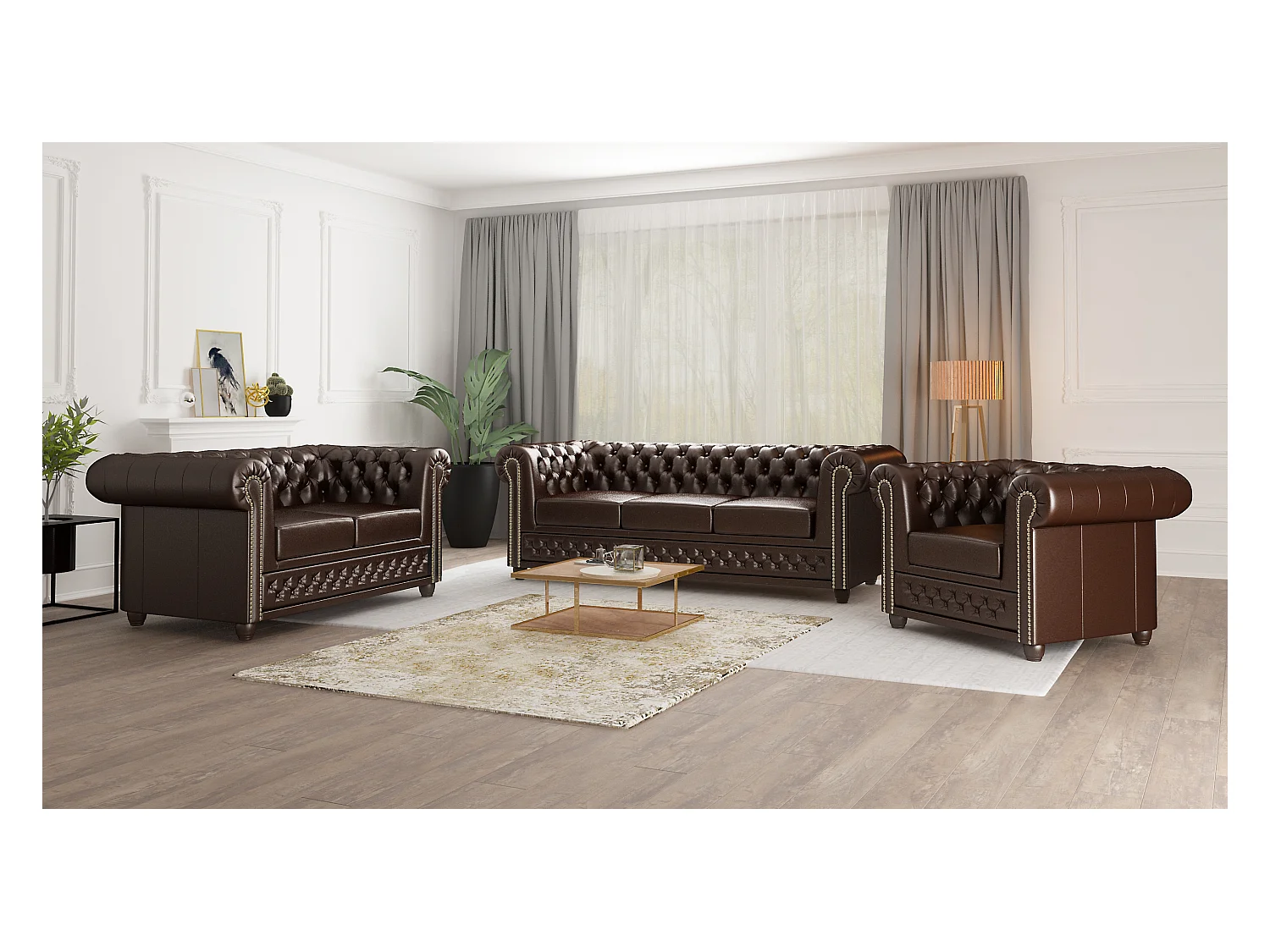 Chesterfield Polstergarnitur 3+2+1 mit Schlaffunktion aus veganem Leder mit Holzbeinen - Rex
