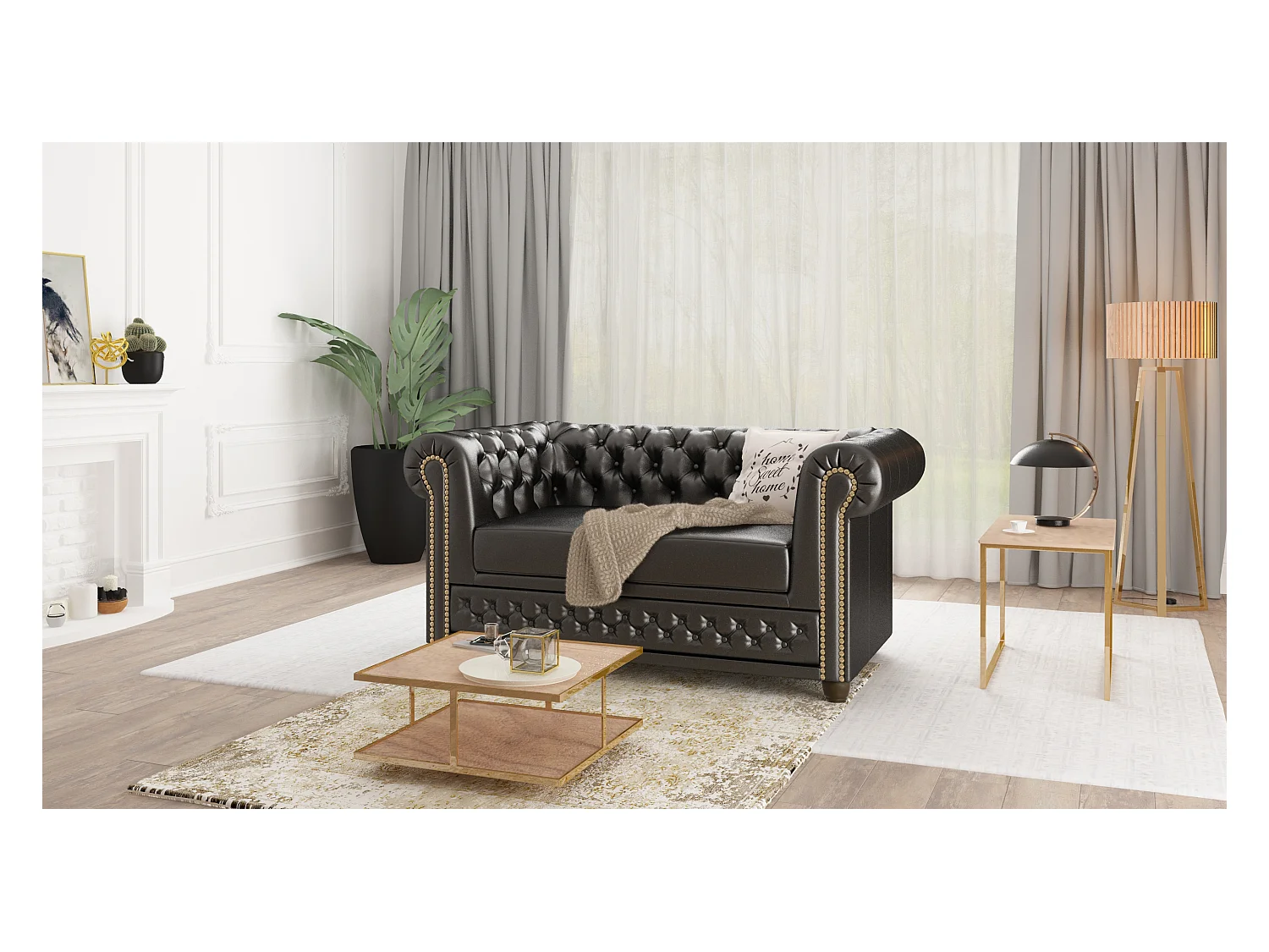 Chesterfield Sofa 2 sitzer aus veganem Leder mit Holzbeinen - Rex