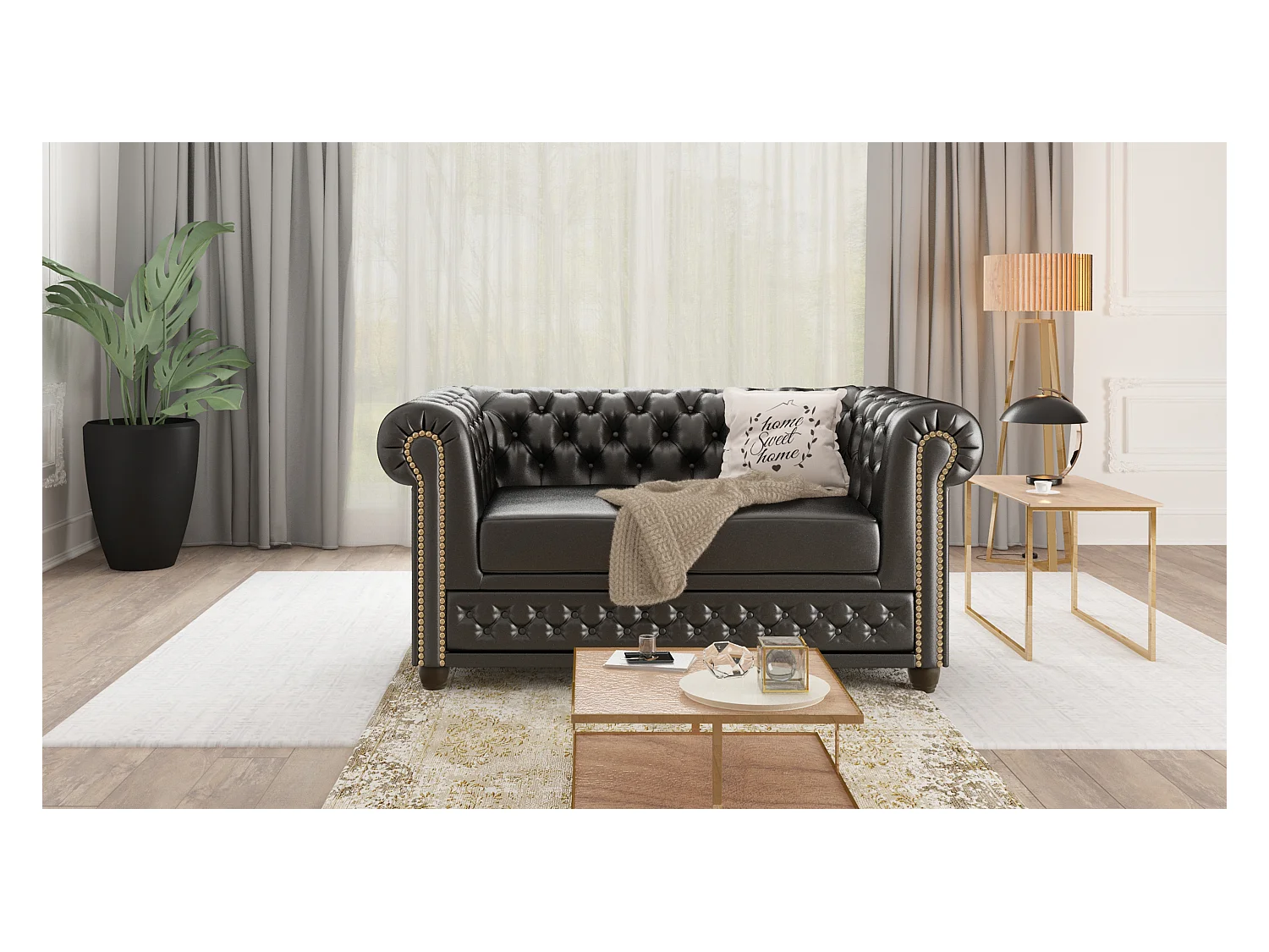 Chesterfield Sofa 2 sitzer aus veganem Leder mit Holzbeinen - Rex