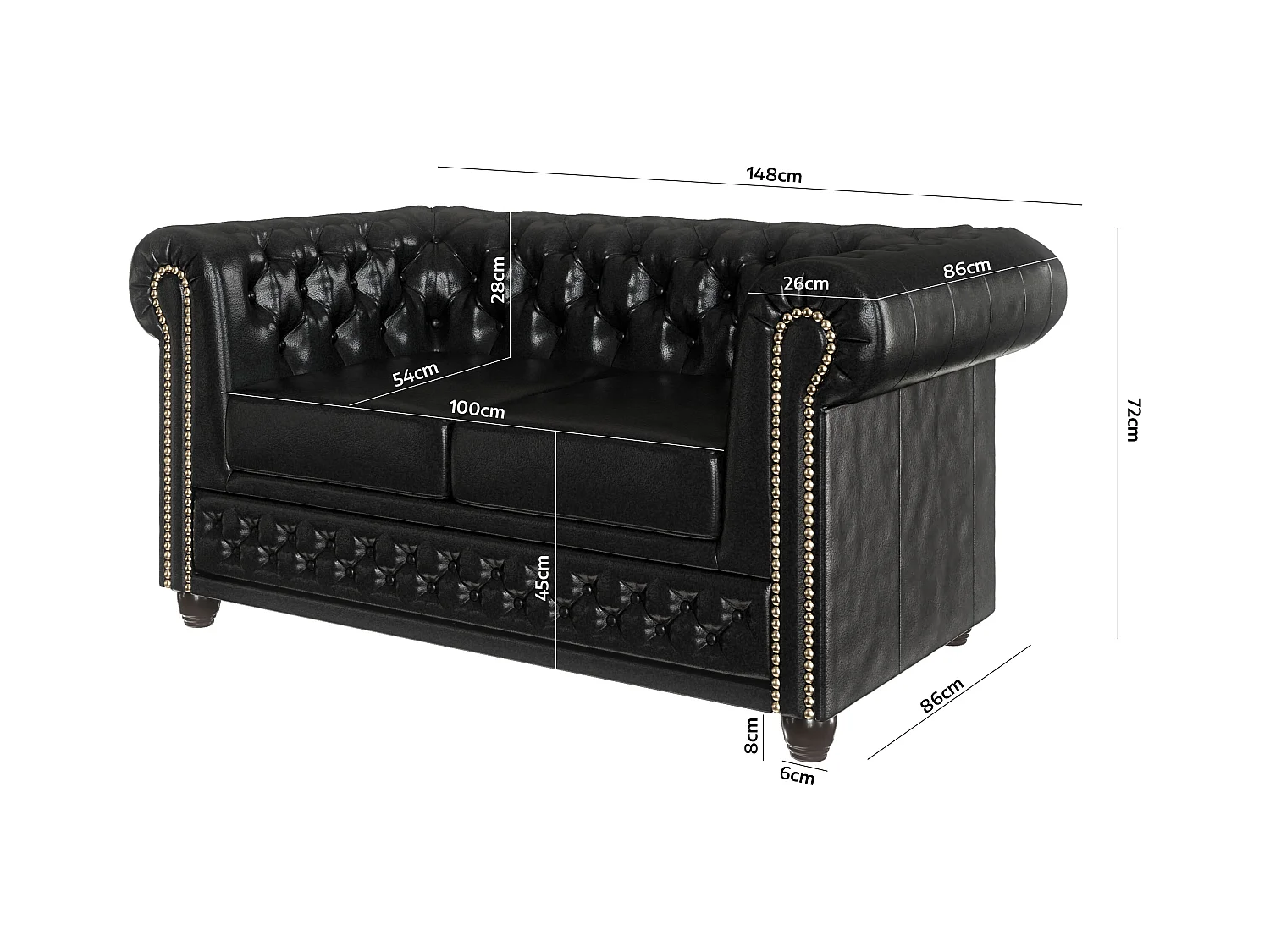 Chesterfield Sofa 2 sitzer aus veganem Leder mit Holzbeinen - Rex