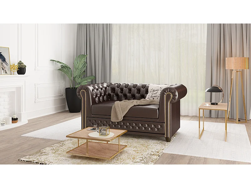Chesterfield Sofa 2 sitzer aus veganem Leder mit Holzbeinen - Rex