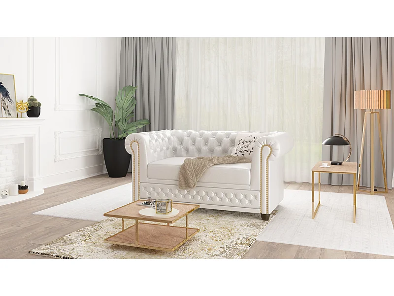 Chesterfield Sofa 2 sitzer aus veganem Leder mit Holzbeinen - Rex