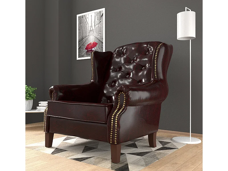 Chesterfield Ohrensessel Liam mit Steppung und Holzbeinen aus veganem Leder