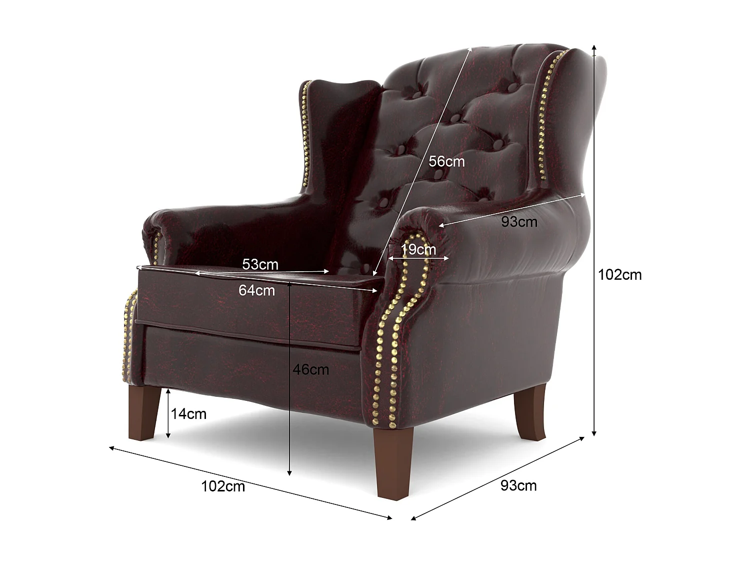 Chesterfield Ohrensessel Liam mit Steppung und Holzbeinen aus veganem Leder