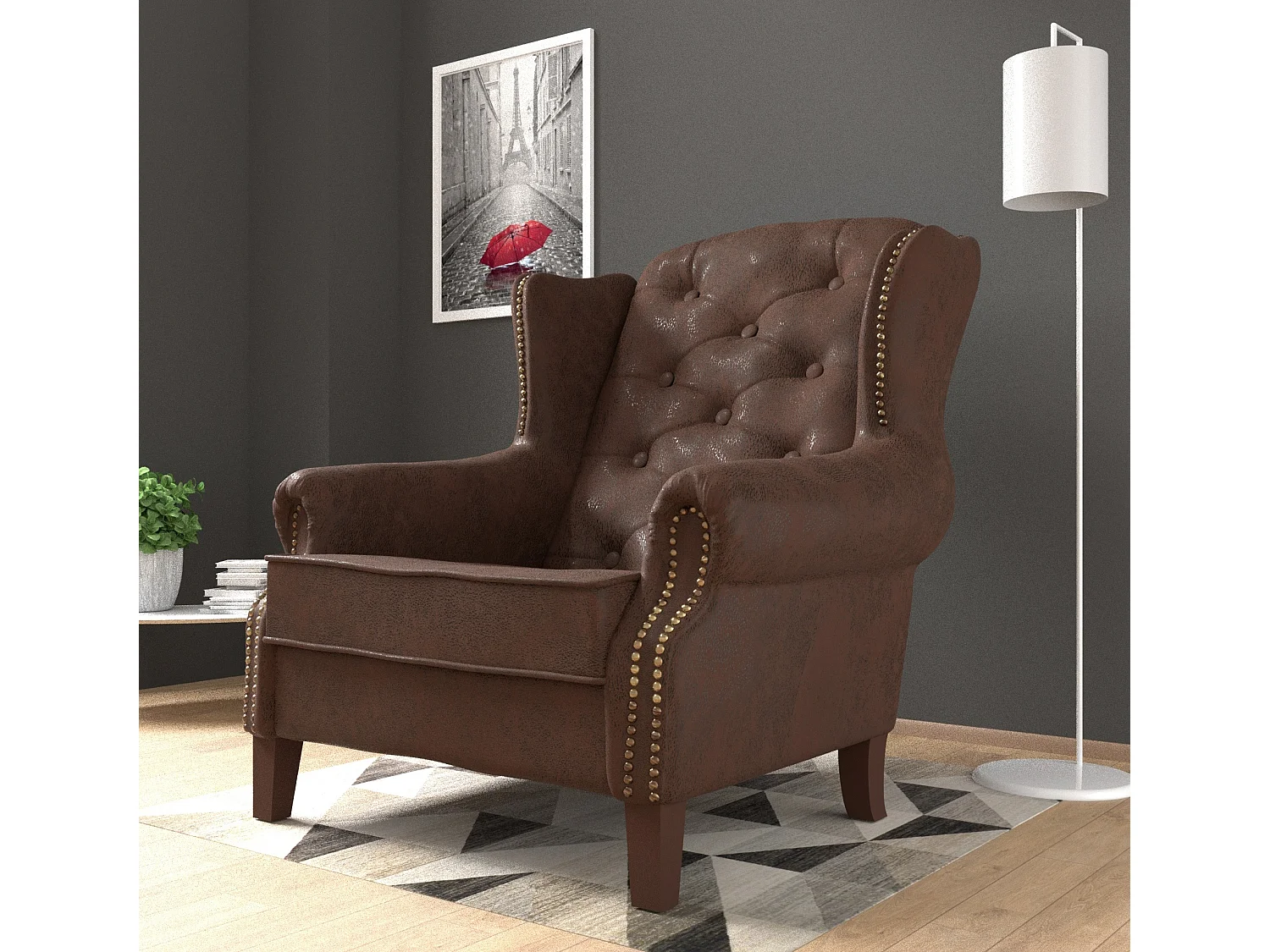 Chesterfield Ohrensessel Nora mit Steppung und Holzbeinen aus Luxusmicrofaser Vintageoptik