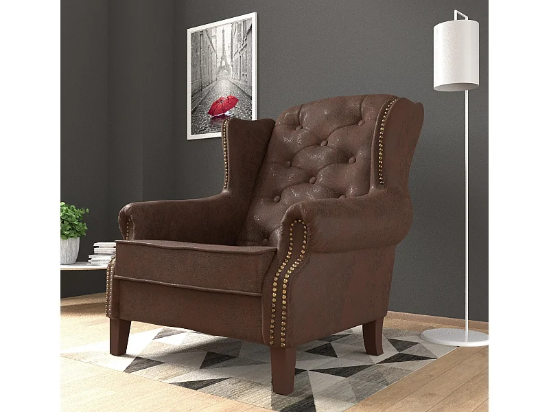 Chesterfield Ohrensessel Nora mit Steppung und Holzbeinen aus Luxusmicrofaser Vintageoptik