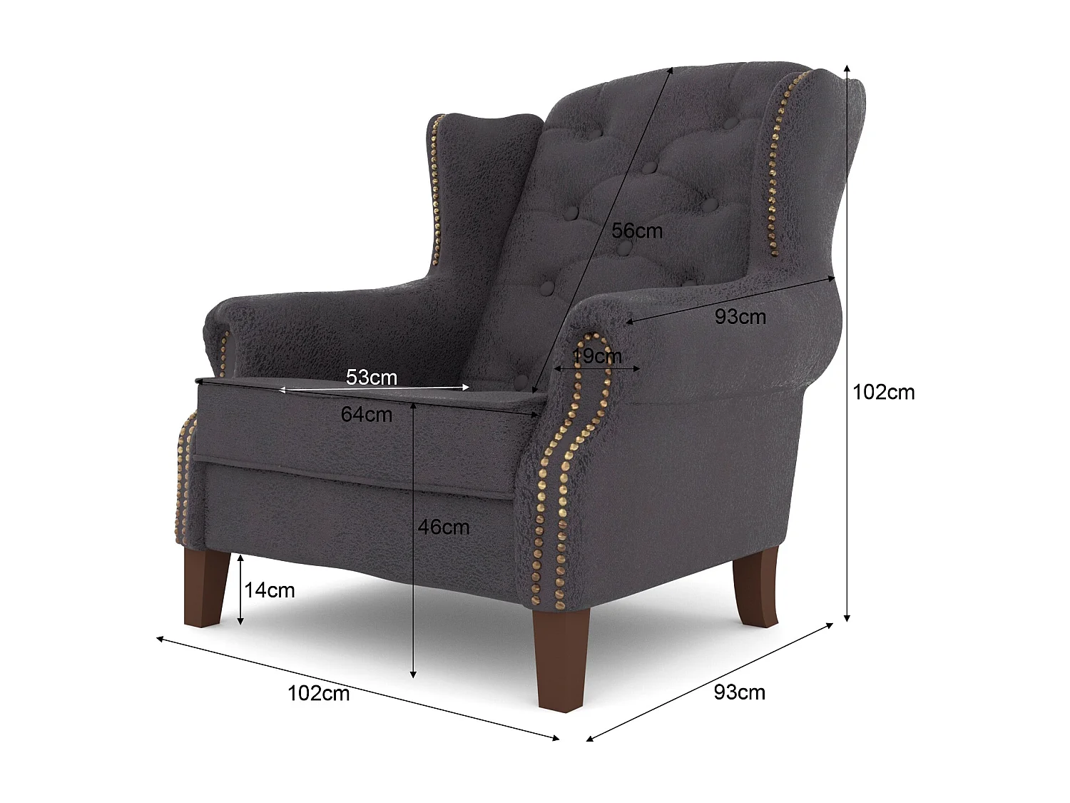 Chesterfield Ohrensessel Nora mit Steppung und Holzbeinen aus Luxusmicrofaser Vintageoptik