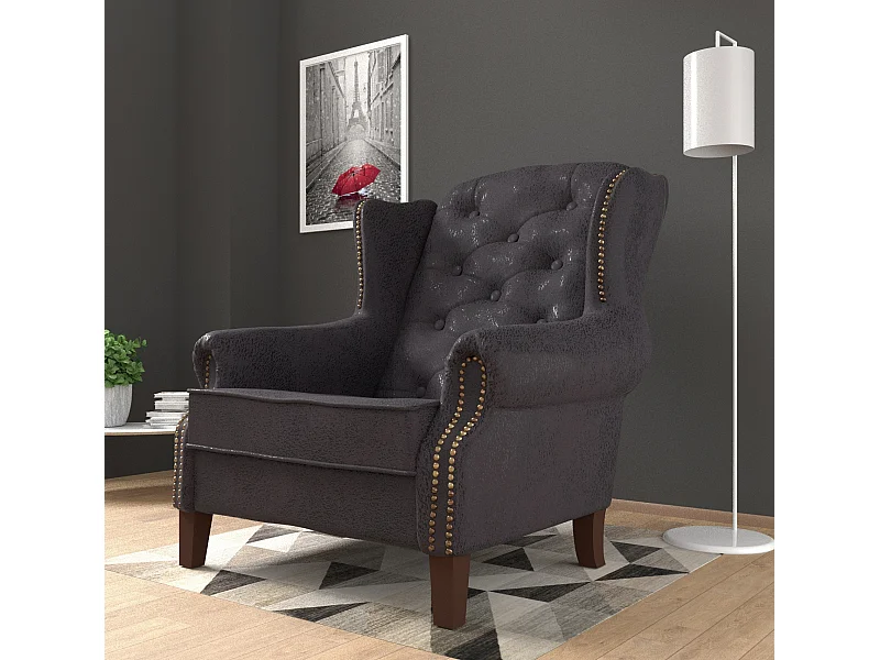 Chesterfield Ohrensessel Nora mit Steppung und Holzbeinen aus Luxusmicrofaser Vintageoptik