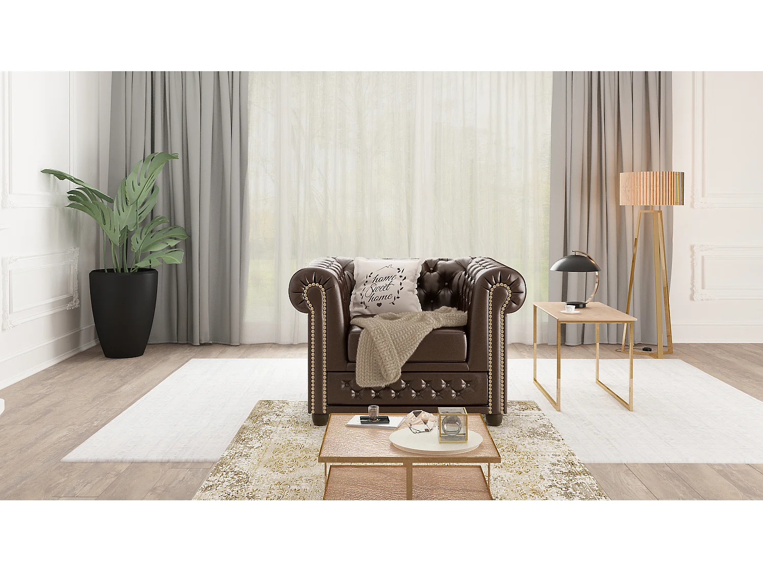 Chesterfield Sessel aus veganem Leder mit Holzbeinen - Rex