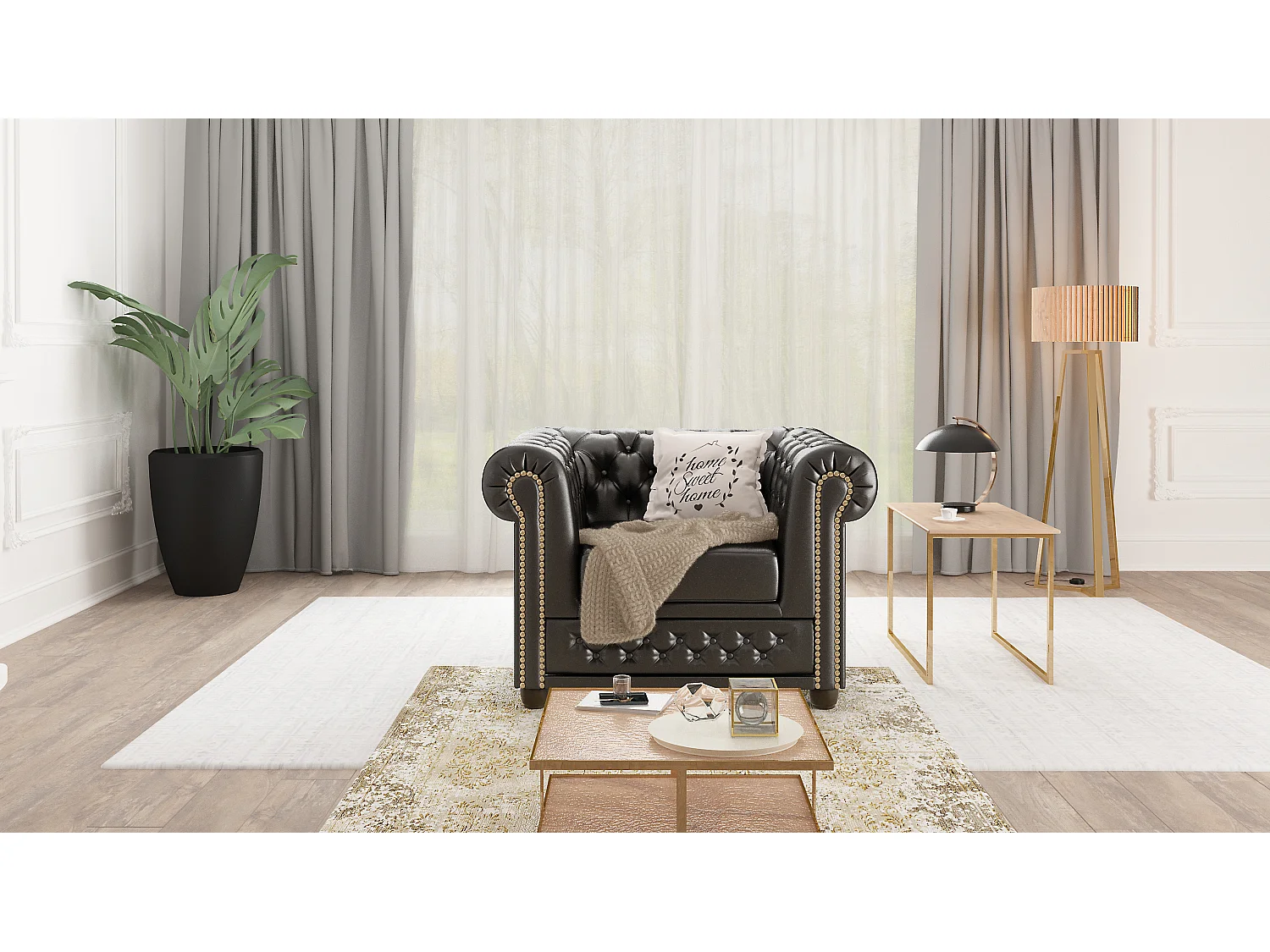 Chesterfield Sessel aus veganem Leder mit Holzbeinen - Rex