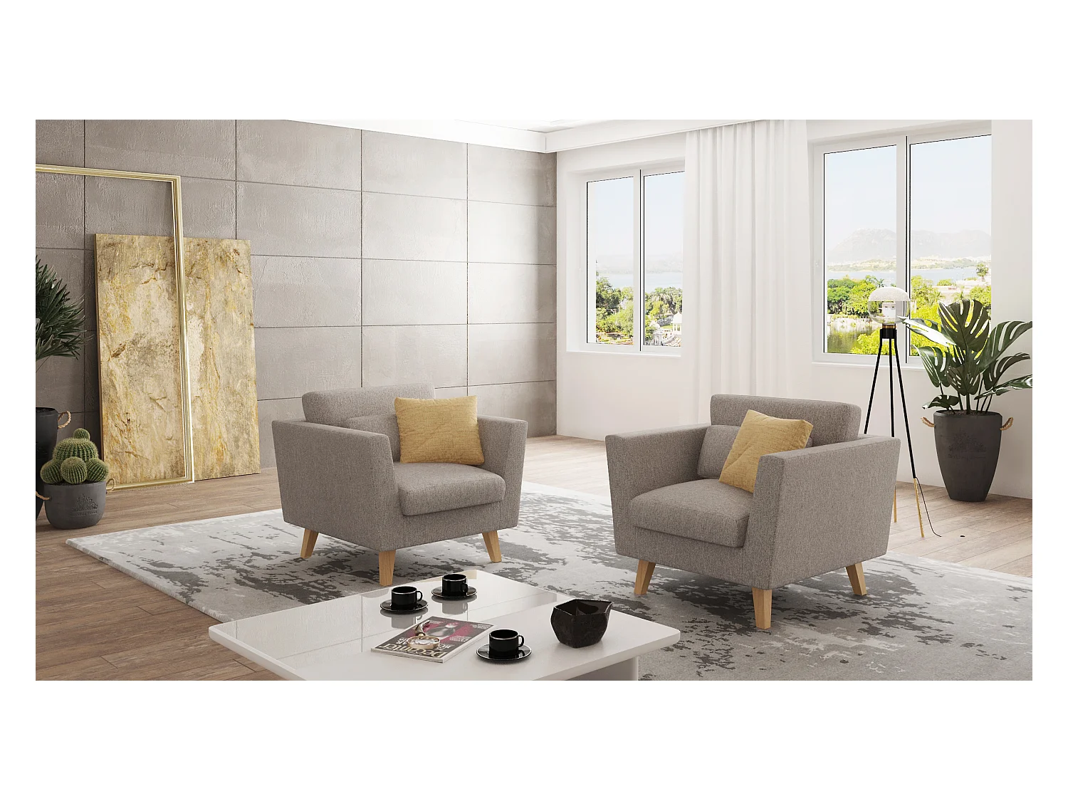 Fauteuil avec pieds en bois de style scandinave Tristan