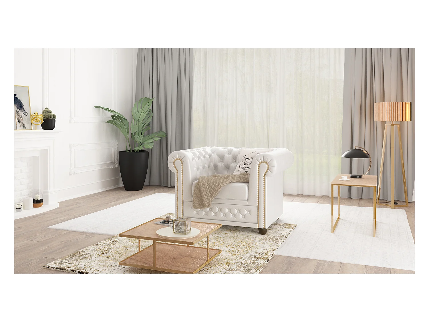 Chesterfield Sessel aus veganem Leder mit Holzbeinen - Rex
