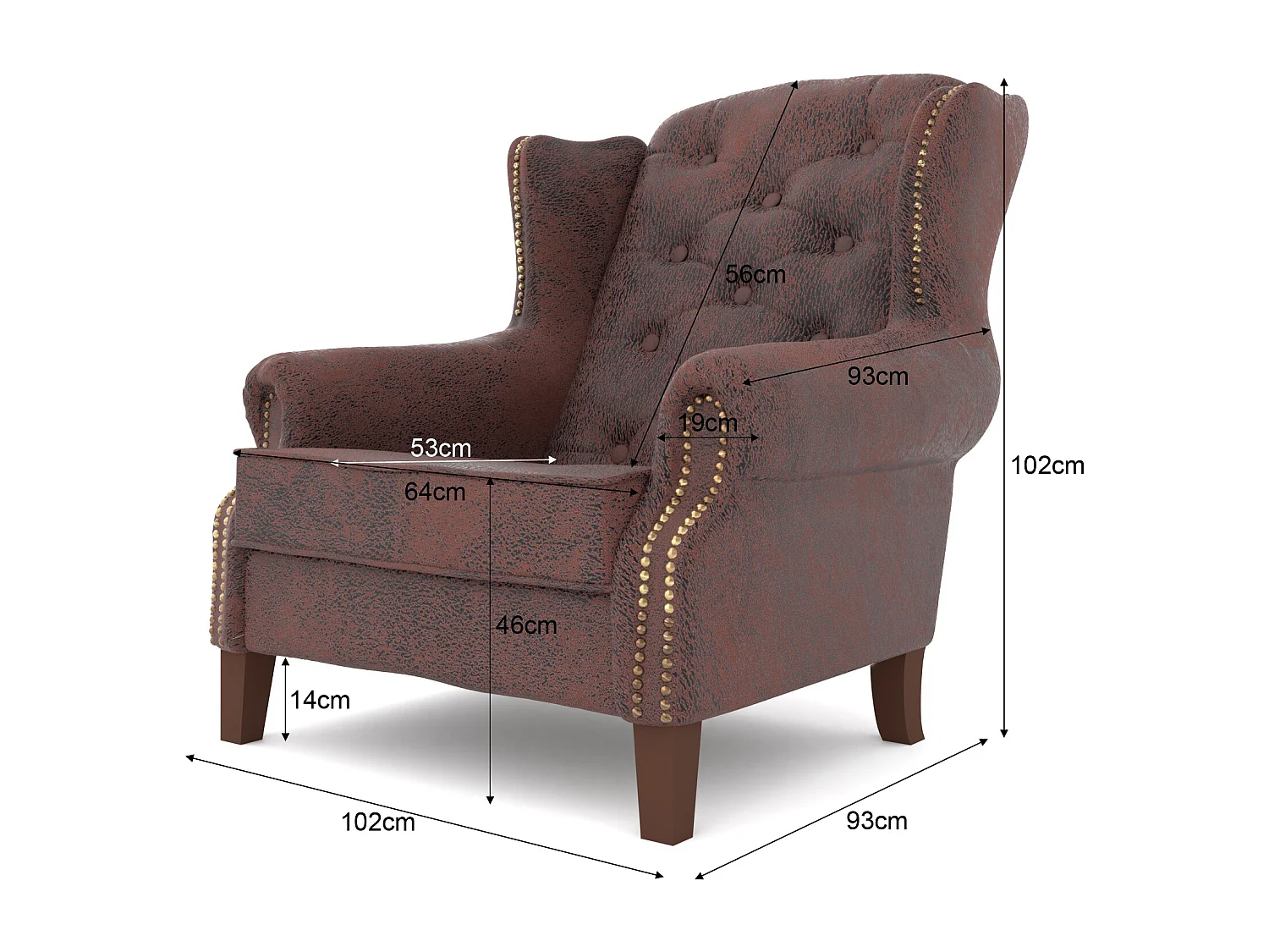 Chesterfield Ohrensessel Nora mit Steppung und Holzbeinen aus Luxusmicrofaser Vintageoptik