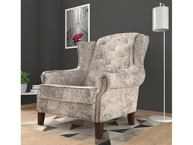 Chesterfield Ohrensessel Nora mit Steppung und Holzbeinen aus Luxusmicrofaser Vintageoptik