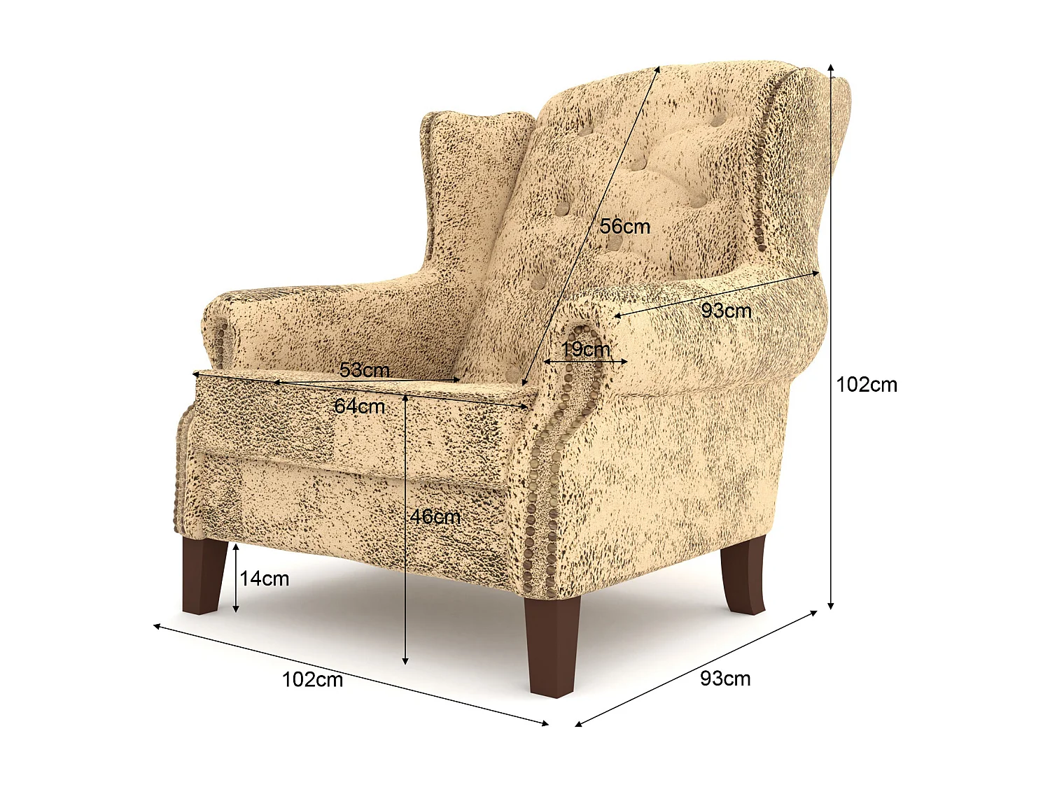 Chesterfield Ohrensessel Nora mit Steppung und Holzbeinen aus Luxusmicrofaser Vintageoptik