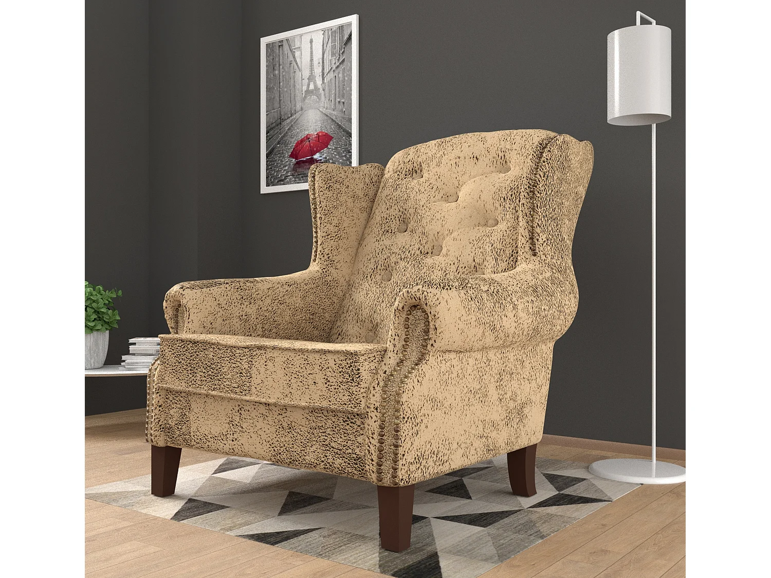 Chesterfield Ohrensessel Nora mit Steppung und Holzbeinen aus Luxusmicrofaser Vintageoptik