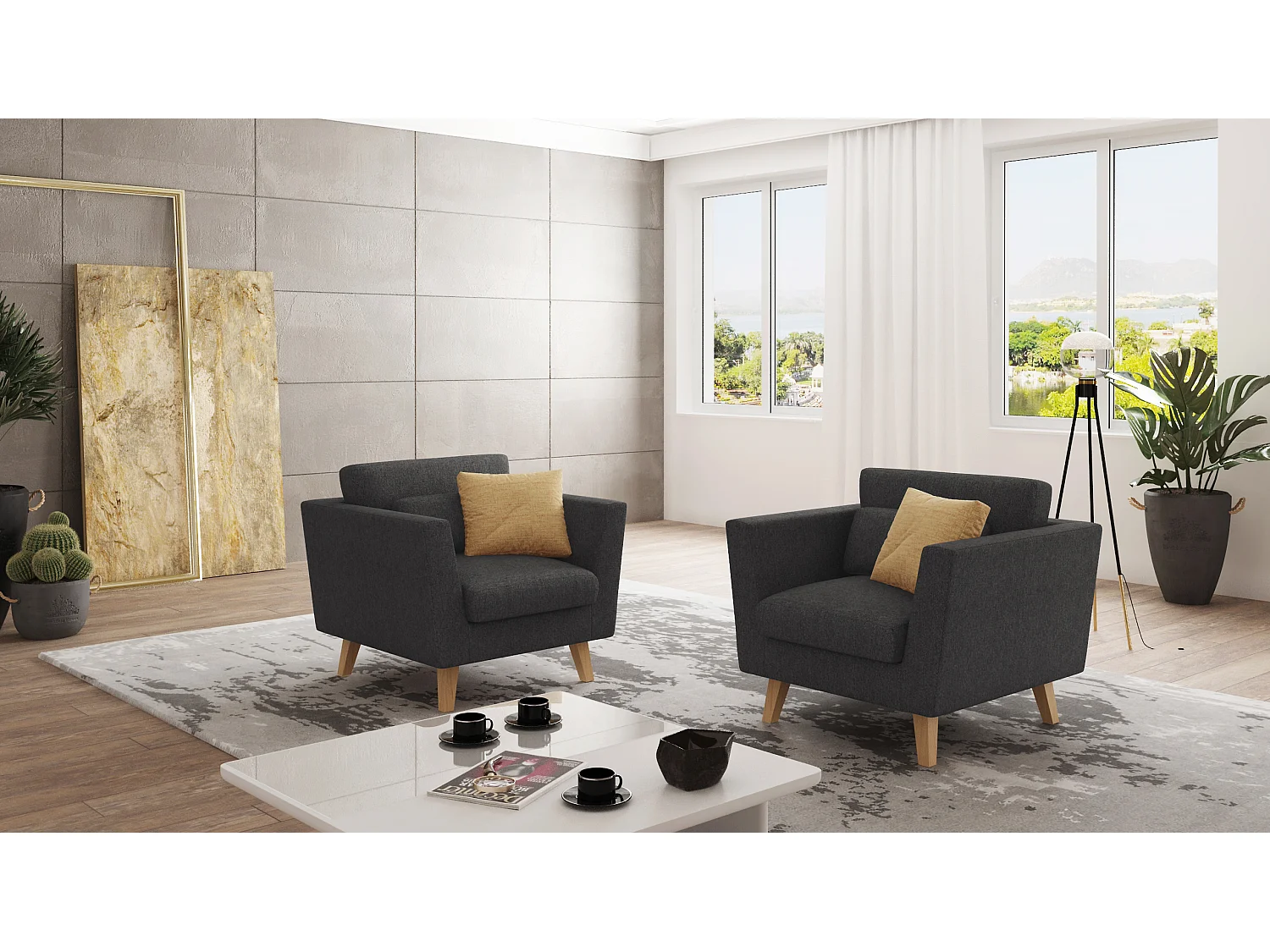 Fauteuil avec pieds en bois de style scandinave Tristan