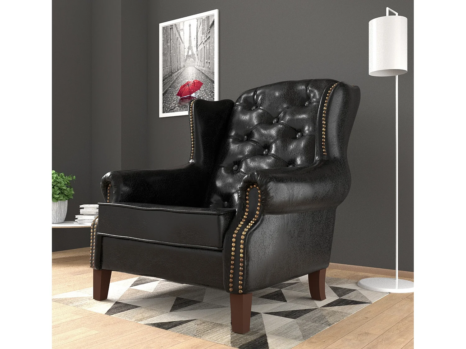 Chesterfield Ohrensessel Liam mit Steppung und Holzbeinen aus veganem Leder