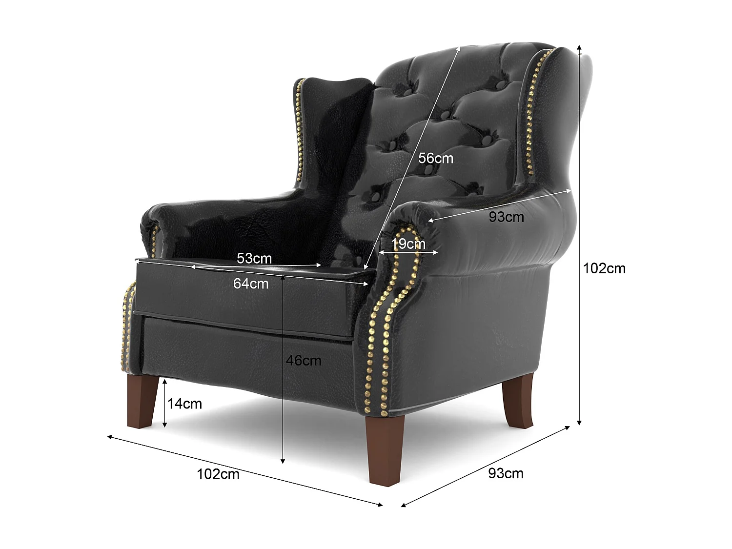 Chesterfield Ohrensessel Liam mit Steppung und Holzbeinen aus veganem Leder