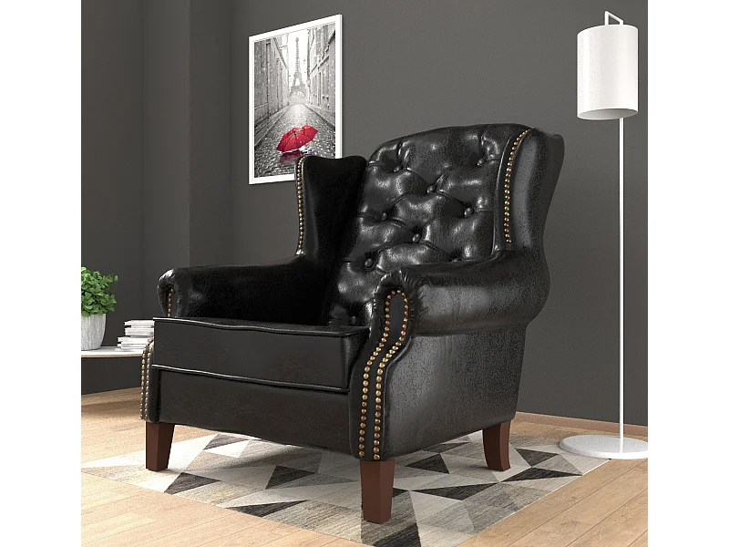 Chesterfield Ohrensessel Liam mit Steppung und Holzbeinen aus veganem Leder