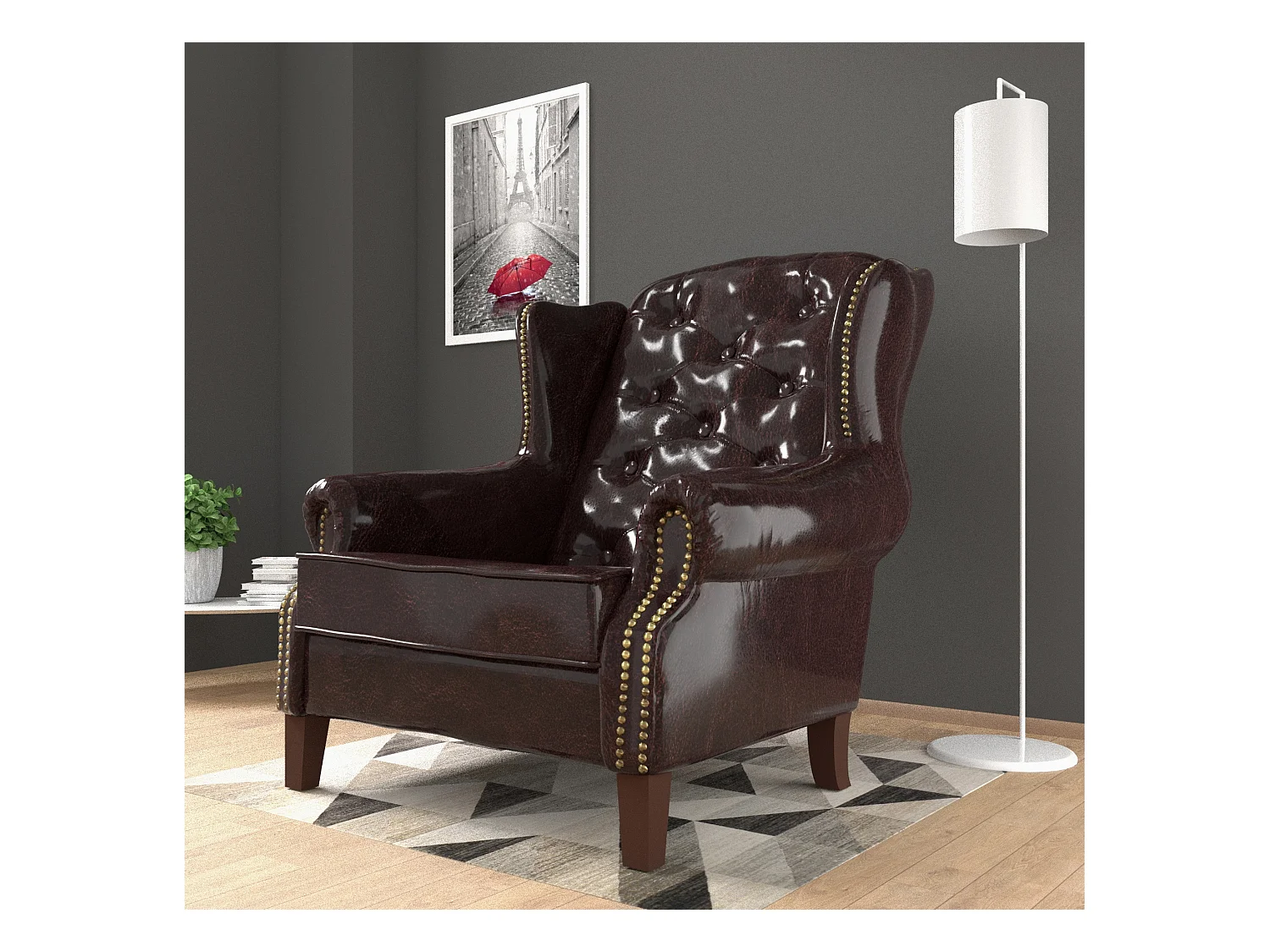 Chesterfield Ohrensessel Liam mit Steppung und Holzbeinen aus veganem Leder