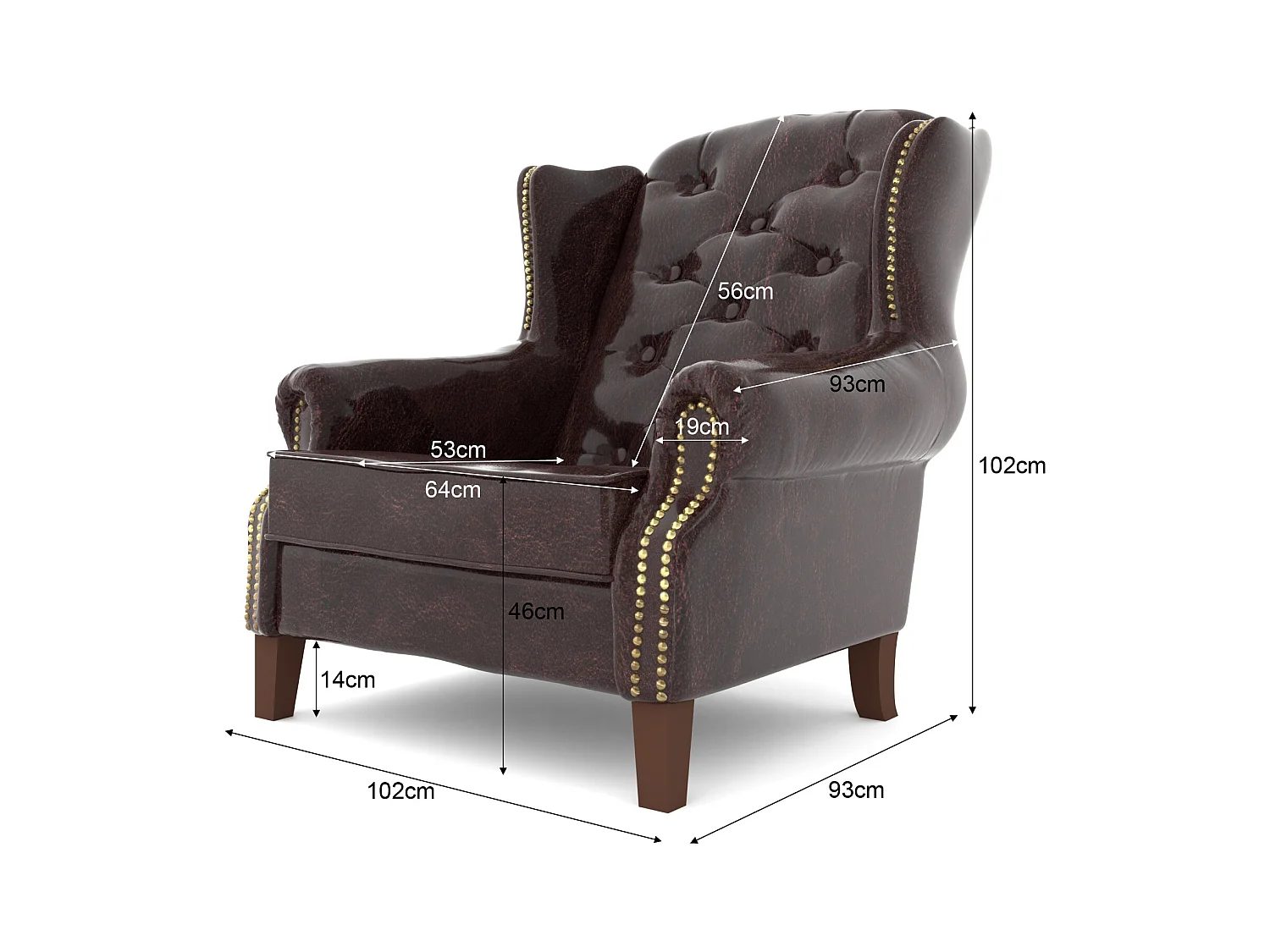 Chesterfield Ohrensessel Liam mit Steppung und Holzbeinen aus veganem Leder