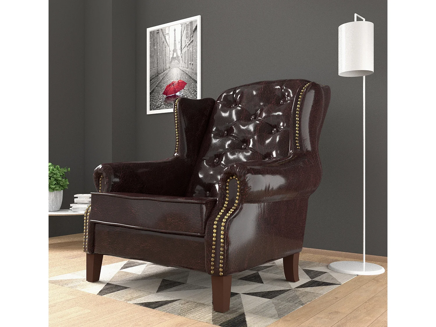 Chesterfield Ohrensessel Liam mit Steppung und Holzbeinen aus veganem Leder