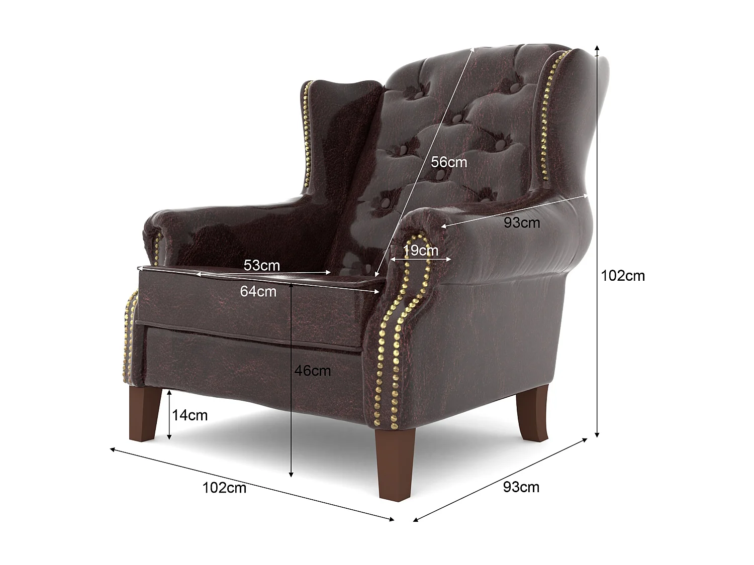 Chesterfield Ohrensessel Liam mit Steppung und Holzbeinen aus veganem Leder