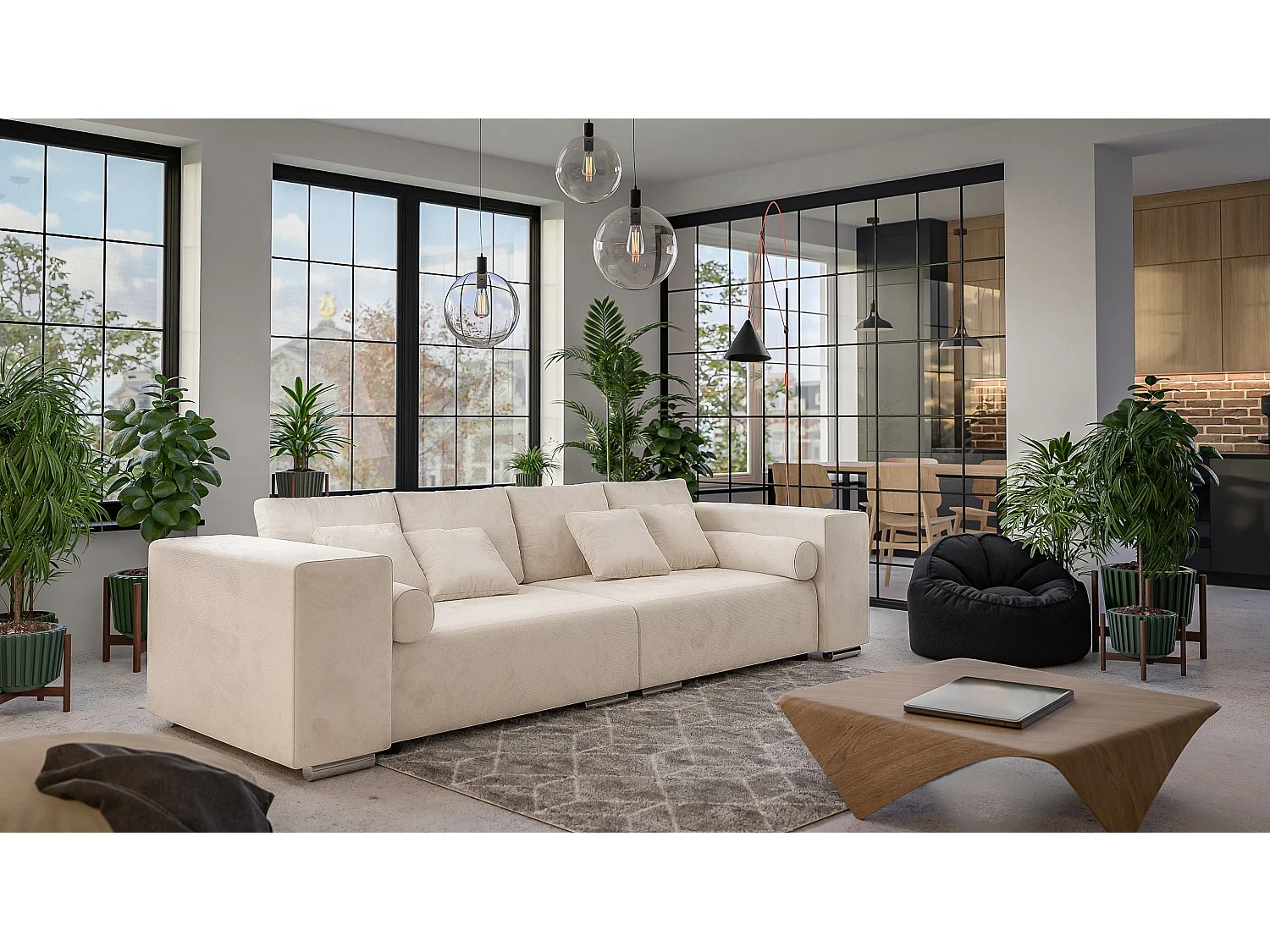 Big Sofa Ethan mit Schlaffunktion, Boxspringfederung, Lounge Sofa mit vielen losen Kissen