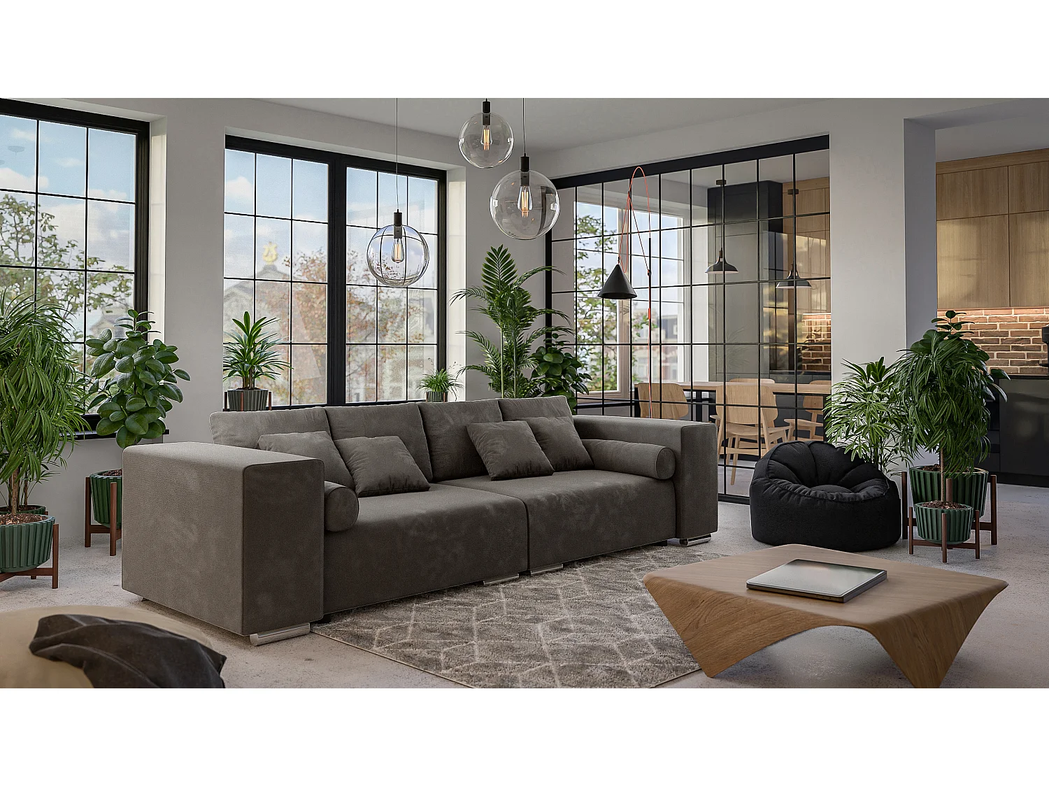 Big Sofa Ethan mit Schlaffunktion, Boxspringfederung, Lounge Sofa mit vielen losen Kissen