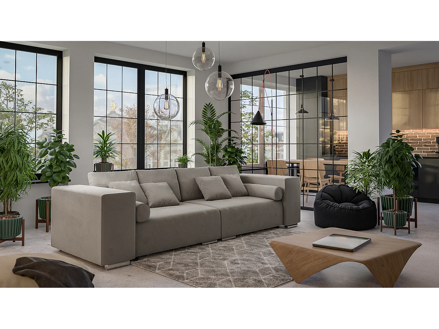 Big Sofa Ethan mit Schlaffunktion, Boxspringfederung, Lounge Sofa mit vielen losen Kissen