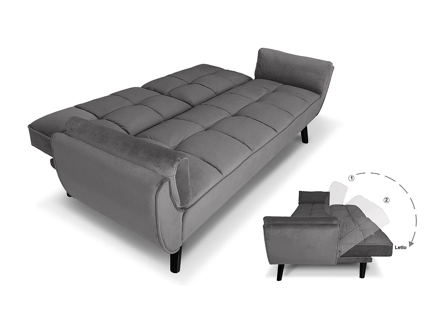 Divano letto clic clac in velluto grigio piede nero mod. Ambra