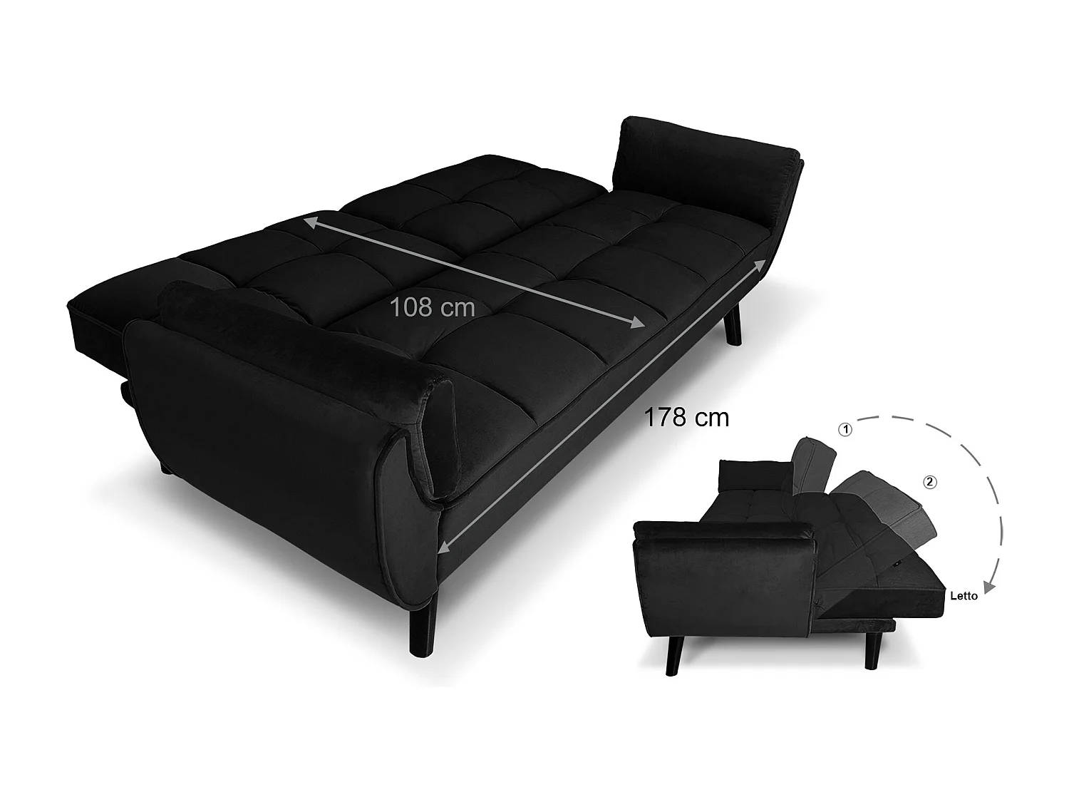 Divano letto clic clac in velluto nero piede nero mod. Ambra