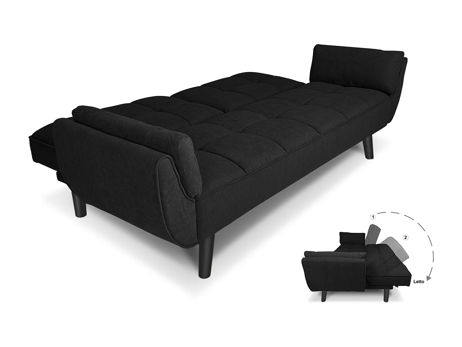 Divano letto clic clac in tessuto nero piede nero mod. Ambra