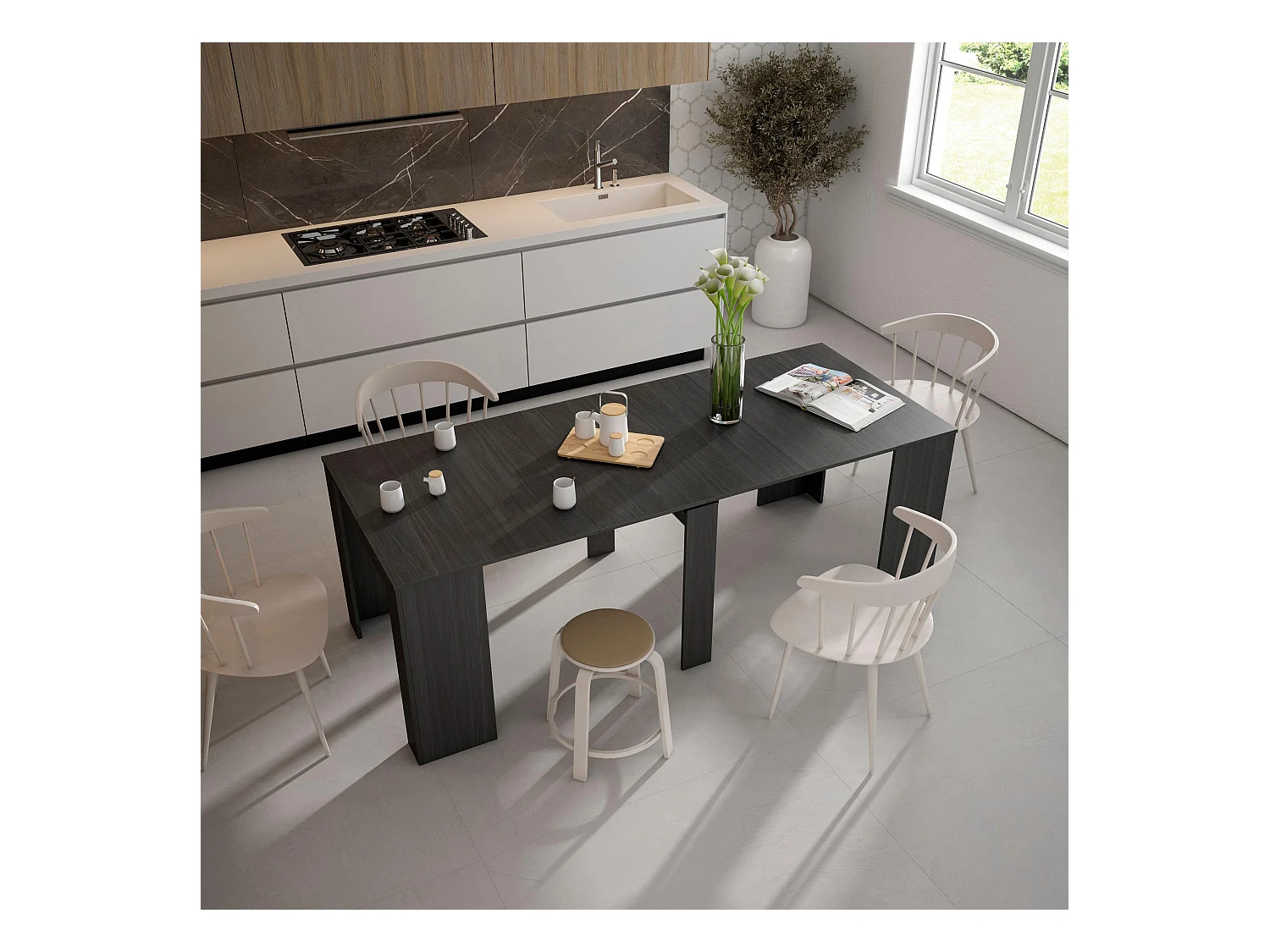 Uitschuifbare Consoletafel, 222x90x77cm, Voor 10 personen, Tafel, Zwart