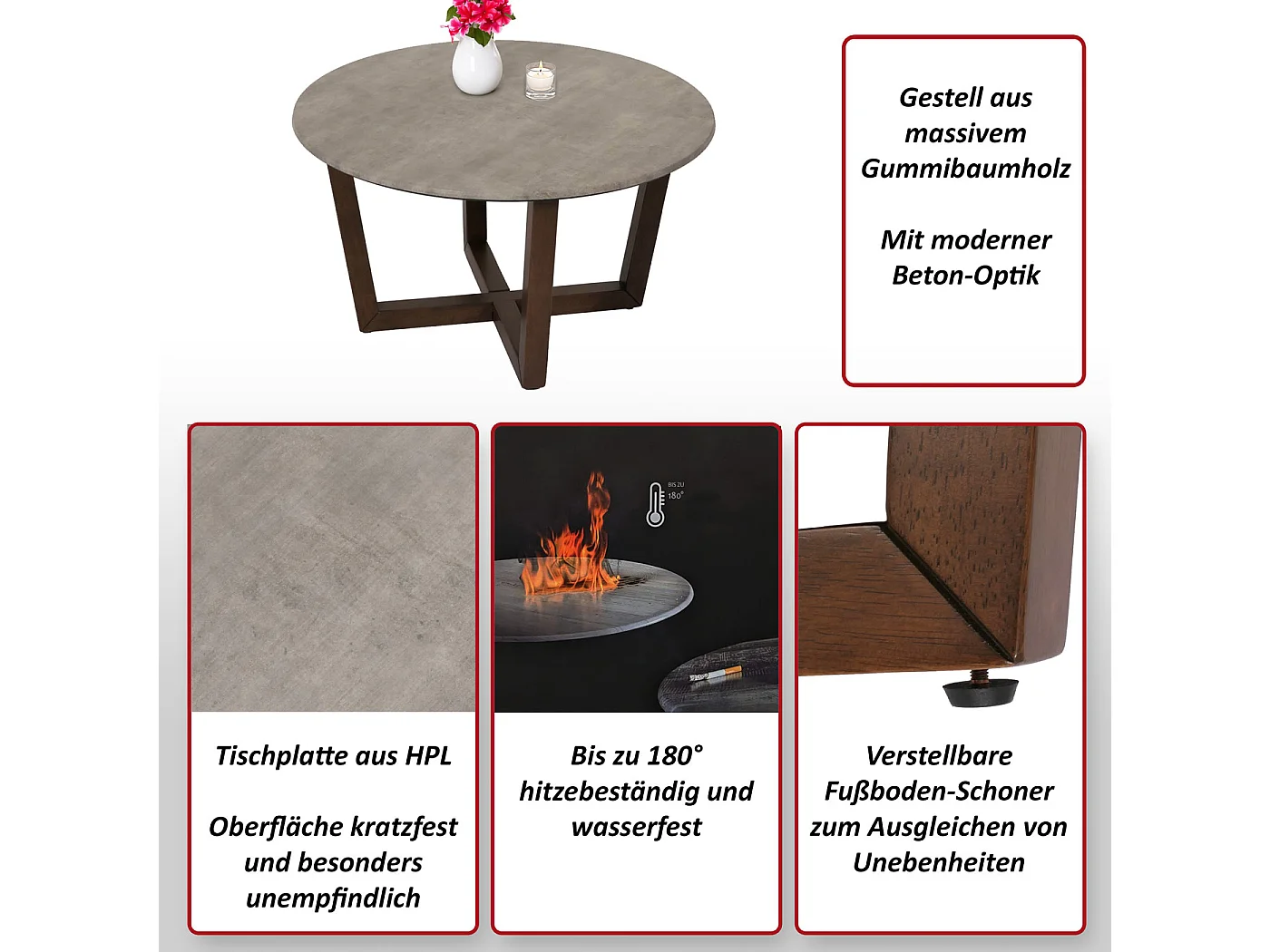 Tavolino rotondo salotto divano MCW-M61 Ø80cm legno laminato HPL melaminico gambe scure grigio cemento