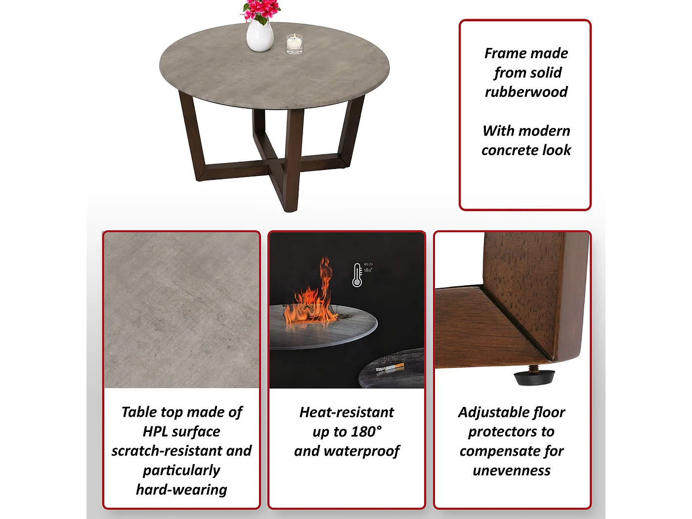 Tavolino rotondo salotto divano MCW-M61 Ø80cm legno laminato HPL melaminico gambe scure grigio cemento