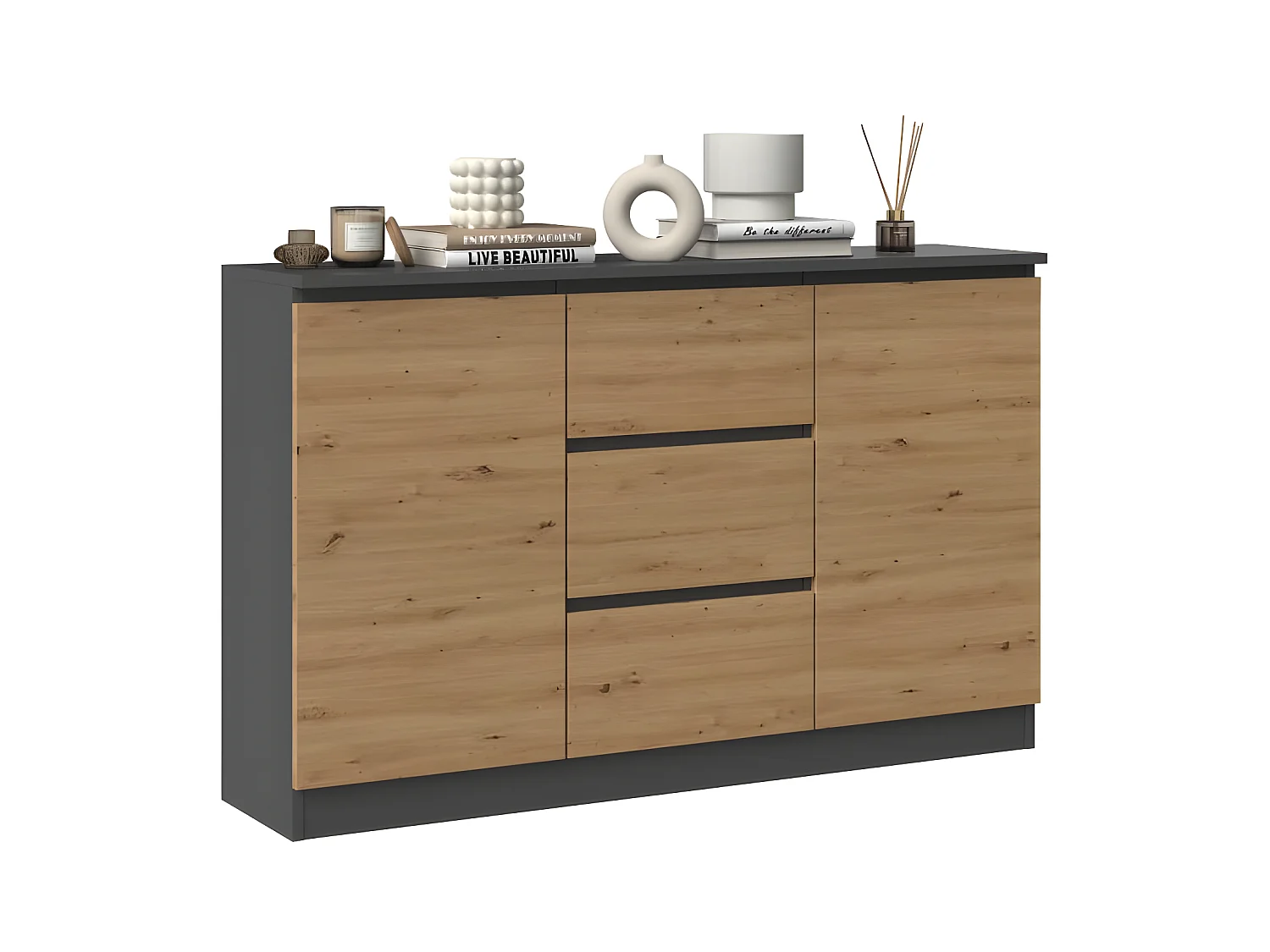 CAZAR - Commode 2 portes + 3 tiroirs - Dimensions : 75x120x40 - Meuble de rangement - Buffet