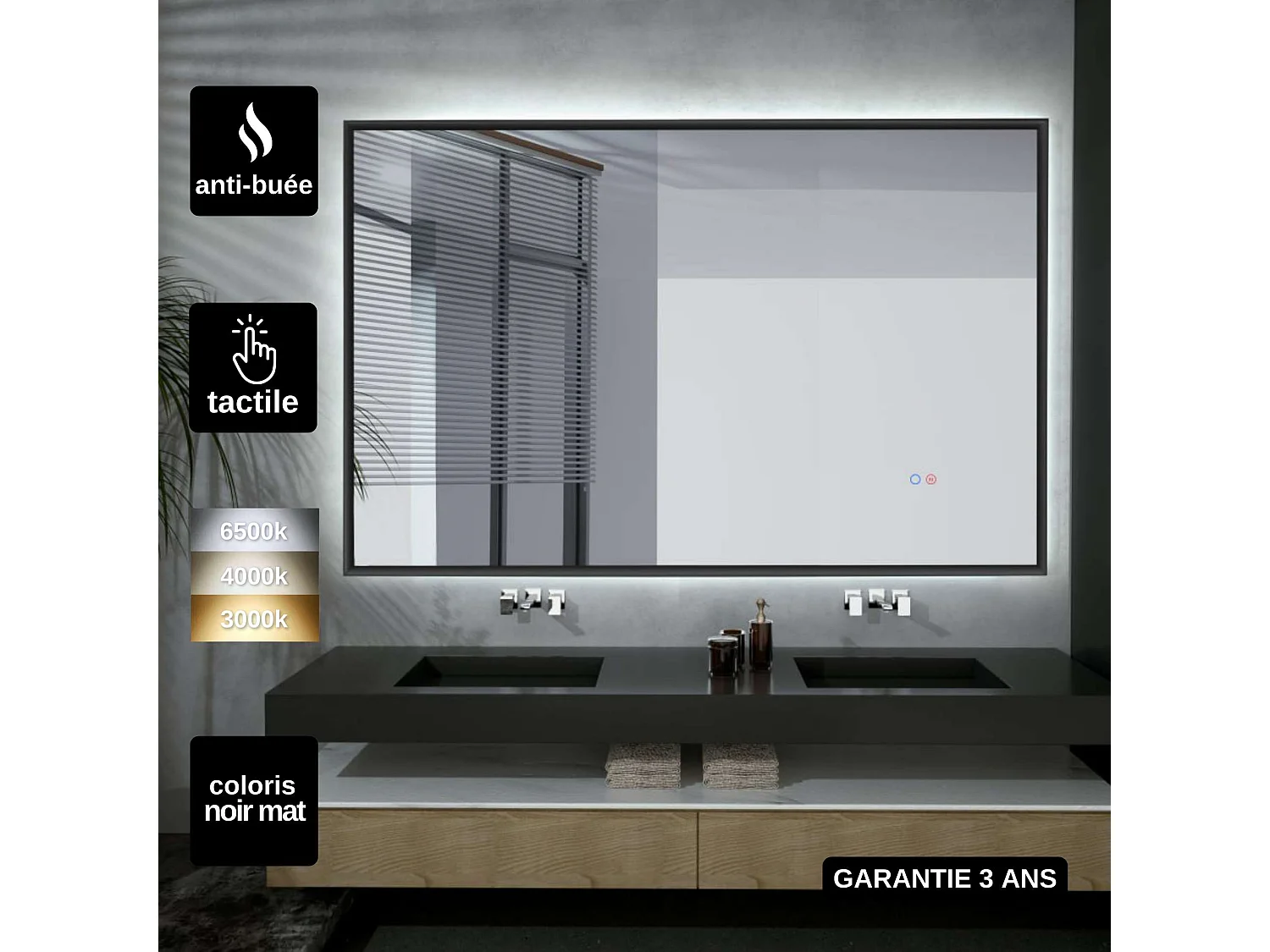 Miroir Salle de Bain CALIFORNIA - 100x80cm - Noir Mat - T° Led Variable - Tactiles On/Off & Anti-Buée - LEDIMEX