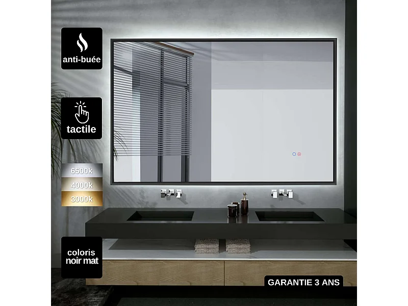 Miroir Salle de Bain CALIFORNIA - 100x80cm - Noir Mat - T° Led Variable - Tactiles On/Off & Anti-Buée - LEDIMEX