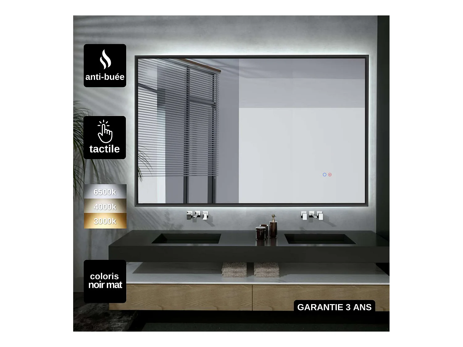 Miroir Salle de Bain CALIFORNIA - 120x80cm - Noir Mat - T° Led Variable - Tactiles On/Off & Anti-Buée - LEDIMEX