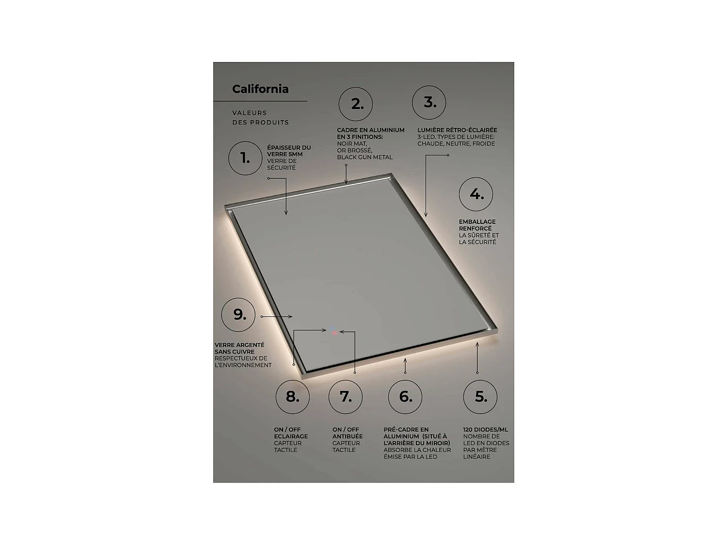 Miroir Salle de Bain CALIFORNIA - 120x80cm - Noir Mat - T° Led Variable - Tactiles On/Off & Anti-Buée - LEDIMEX