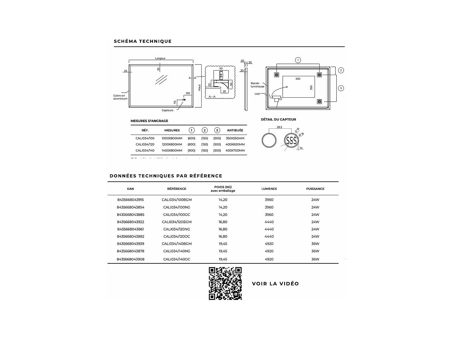 Miroir Salle de Bain CALIFORNIA - 120x80cm - Noir Mat - T° Led Variable - Tactiles On/Off & Anti-Buée - LEDIMEX
