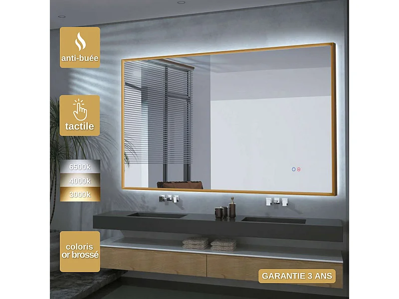 Miroir Salle de Bain CALIFORNIA - 120x80cm - Or Brossé - T° Led Variable - Tactiles On/Off & Anti-Buée - LEDIMEX