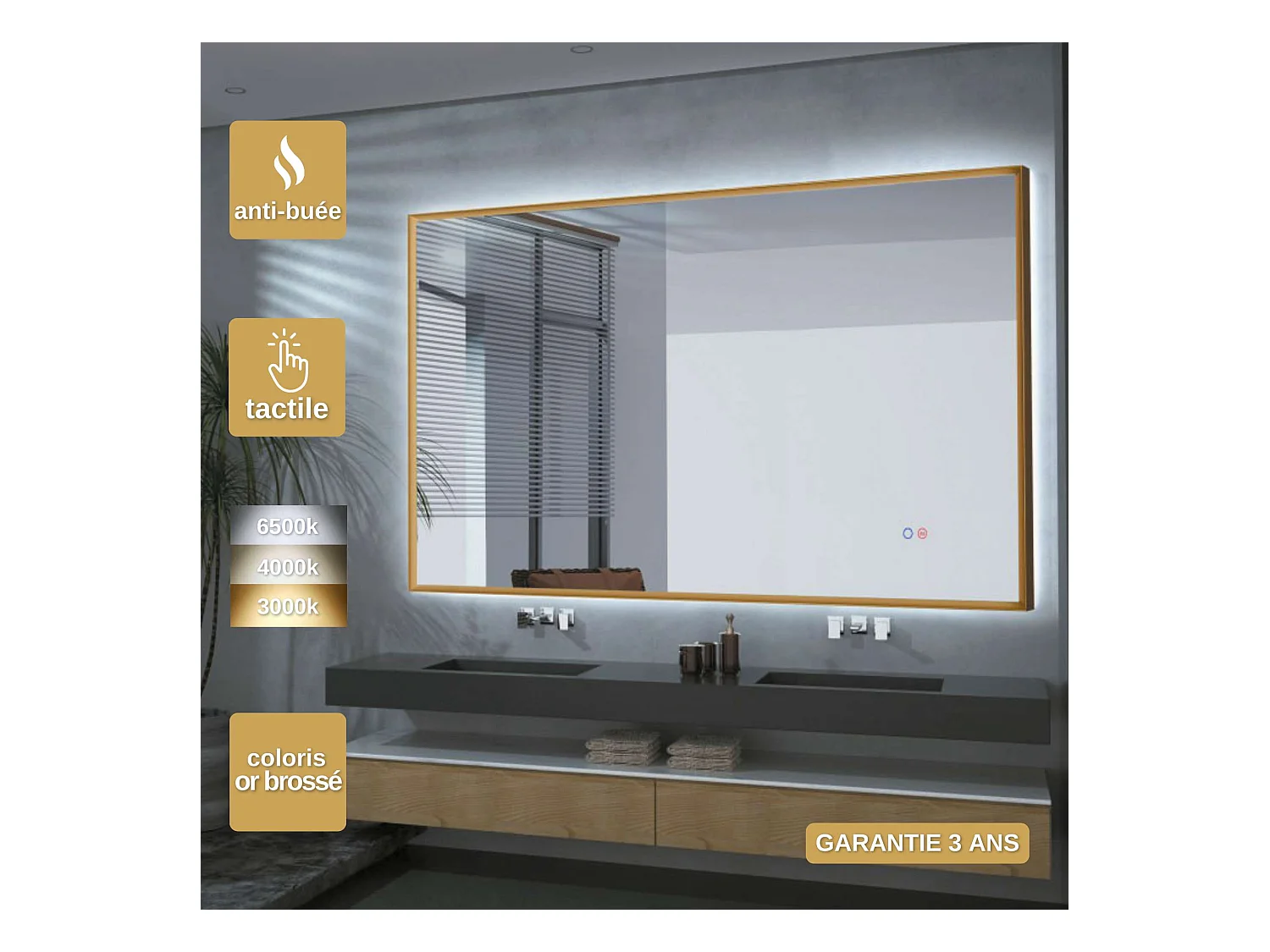 Miroir Salle de Bain CALIFORNIA - 120x80cm - Or Brossé - T° Led Variable - Tactiles On/Off & Anti-Buée - LEDIMEX