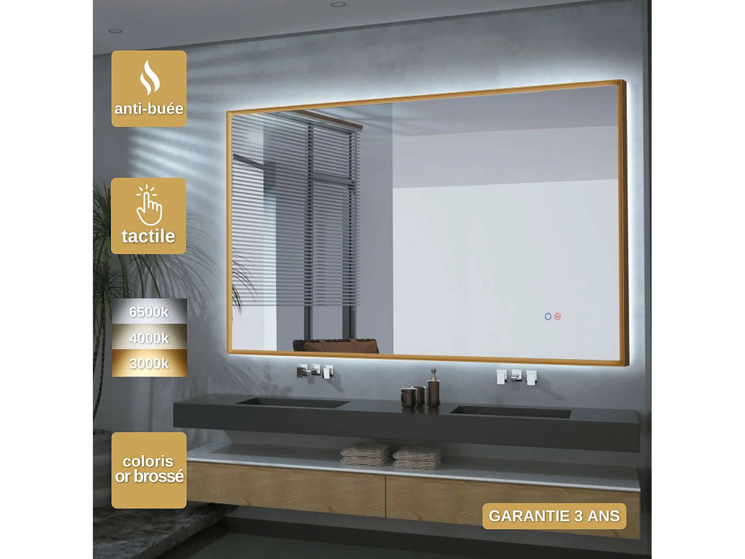 Miroir Salle de Bain CALIFORNIA - 120x80cm - Or Brossé - T° Led Variable - Tactiles On/Off & Anti-Buée - LEDIMEX